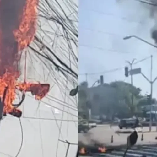 Poste pega fogo e fios de alta tensão caem na pista e assustam motoristas em Manaus