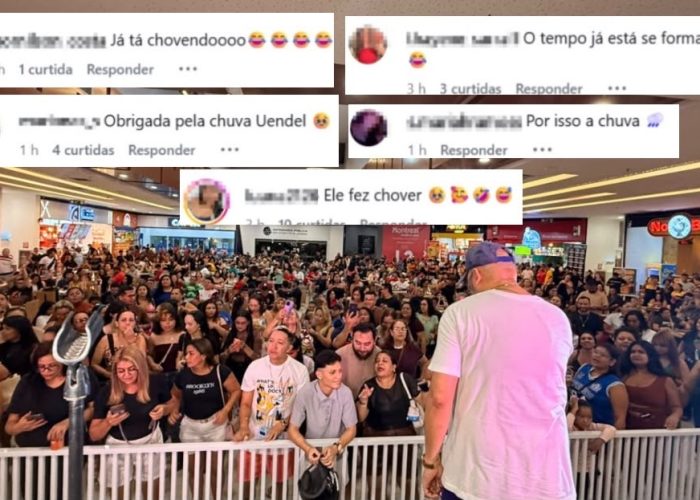 Show de Uendel Pinheiro lota shopping de Manaus e brincadeira com chuva viraliza nas redes