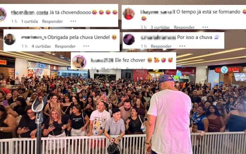 Show de Uendel Pinheiro lota shopping de Manaus e brincadeira com chuva viraliza nas redes