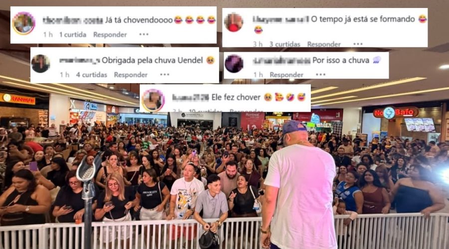 Show de Uendel Pinheiro lota shopping de Manaus e brincadeira com chuva viraliza nas redes
